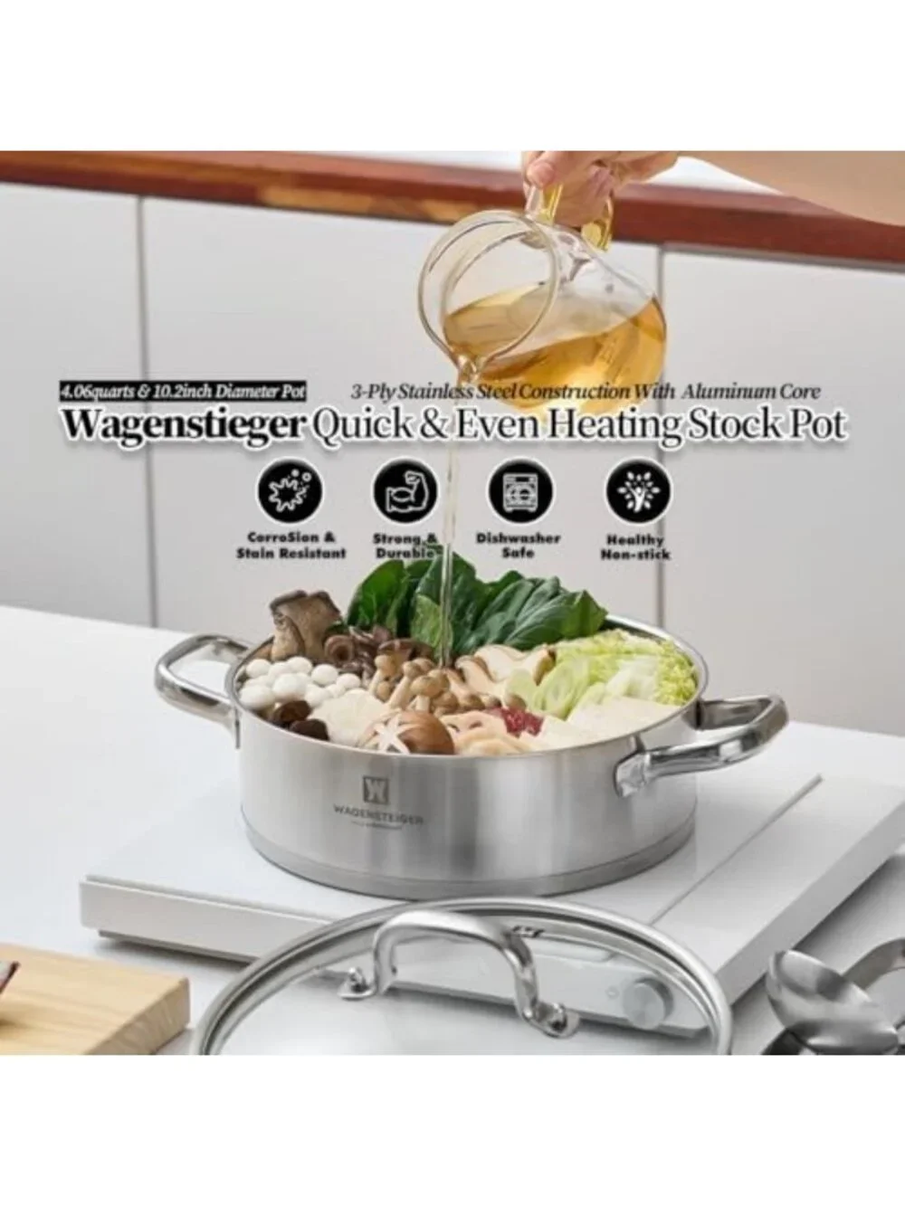 4.3 Quart Stainless Steel Casserole Pot with Glass Lid & Ergonomic Handles
